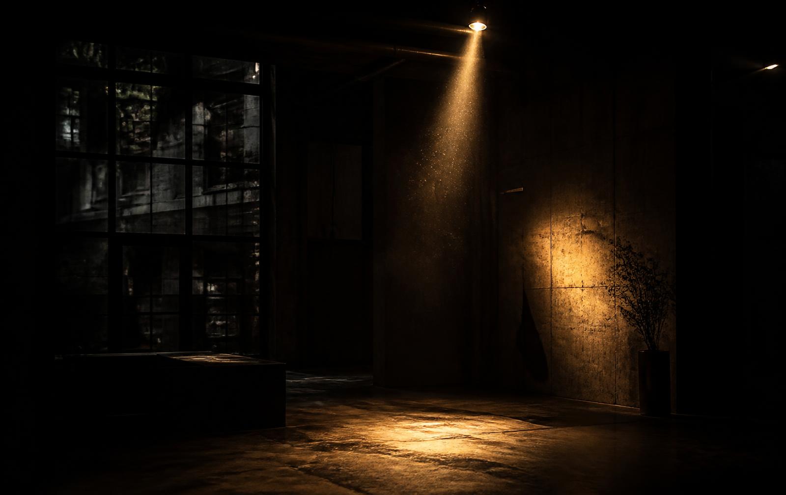 Dark studio with a warm beam of light